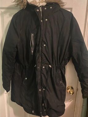 Black Parka Jacket with Faux Fur Hood